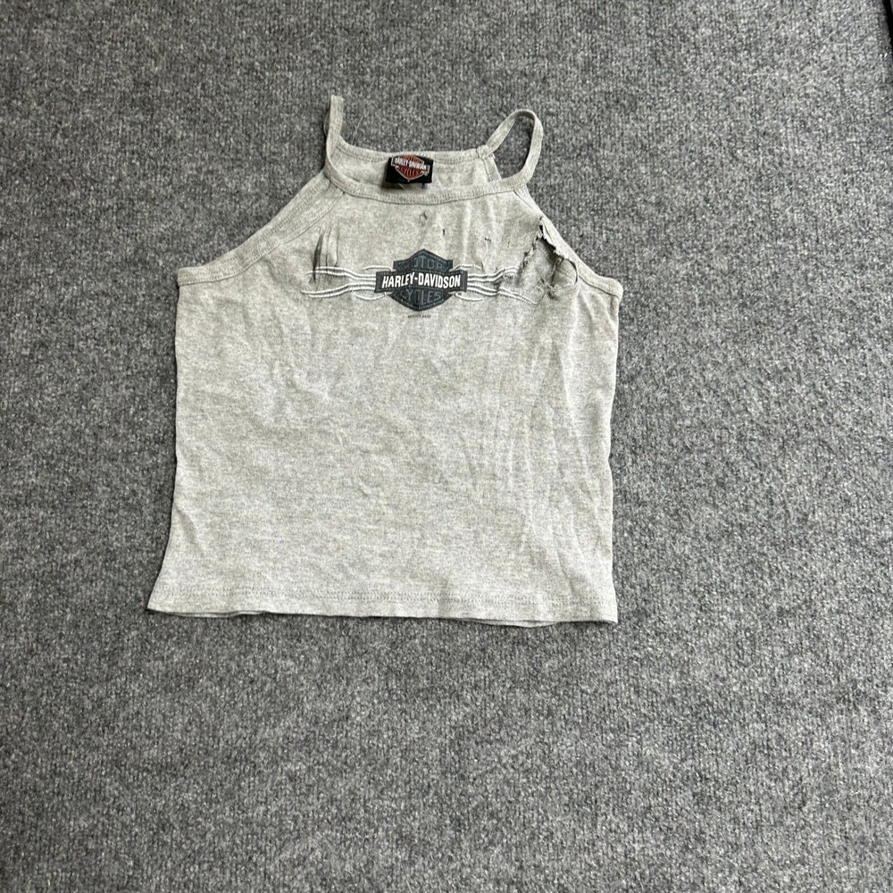 Harley-Davidson Tank Top Womens Size S Gray Distressed Ripped Cropped Biker 2001